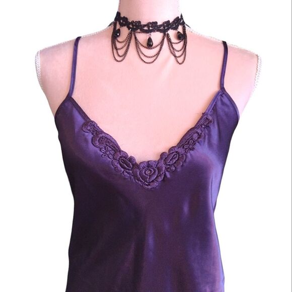 Vintage 80s Purple Satin Floral Applique Chemise Mini Slip Dress Medium - Picture 5 of 16